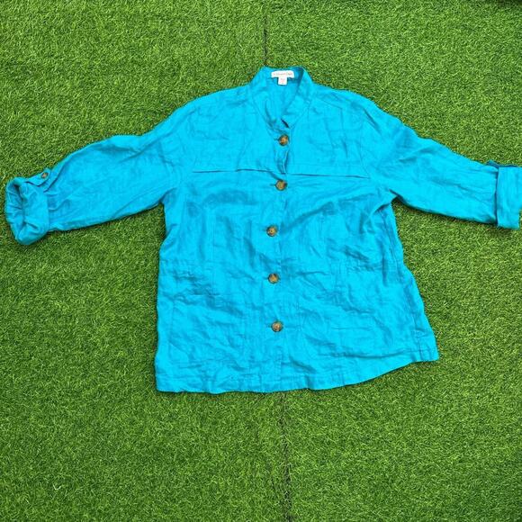 Coldwater Creek Turquoise Linen Button-Up Shirt - Picture 1 of 3